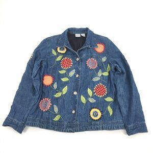 Vintage 90s Bleu Bayou Embroidered Sunflower Jean Jacket Medium Blue Button Down